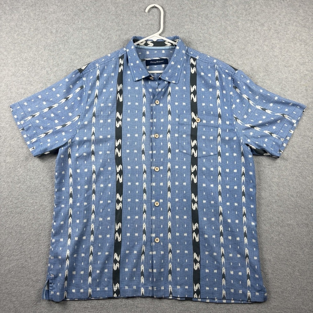 Tommy Bahama Shirt Mens XL Blue Aztec Striped Silk Blend Island Zone Button Up